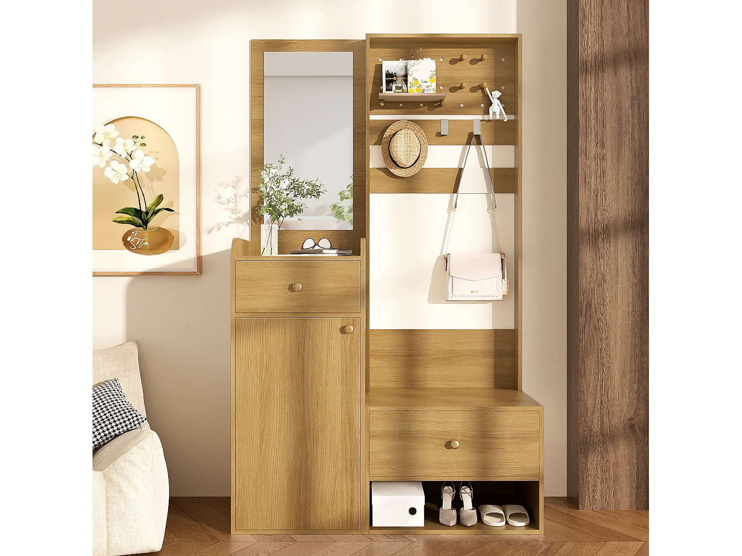 Vestiaire de couleur bois avec 2 tiroirs, 1 porte et miroir, patères réglables 105x38x180cm