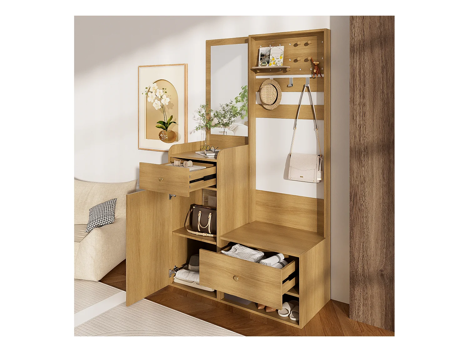 Vestiaire de couleur bois avec 2 tiroirs, 1 porte et miroir, patères réglables 105x38x180cm