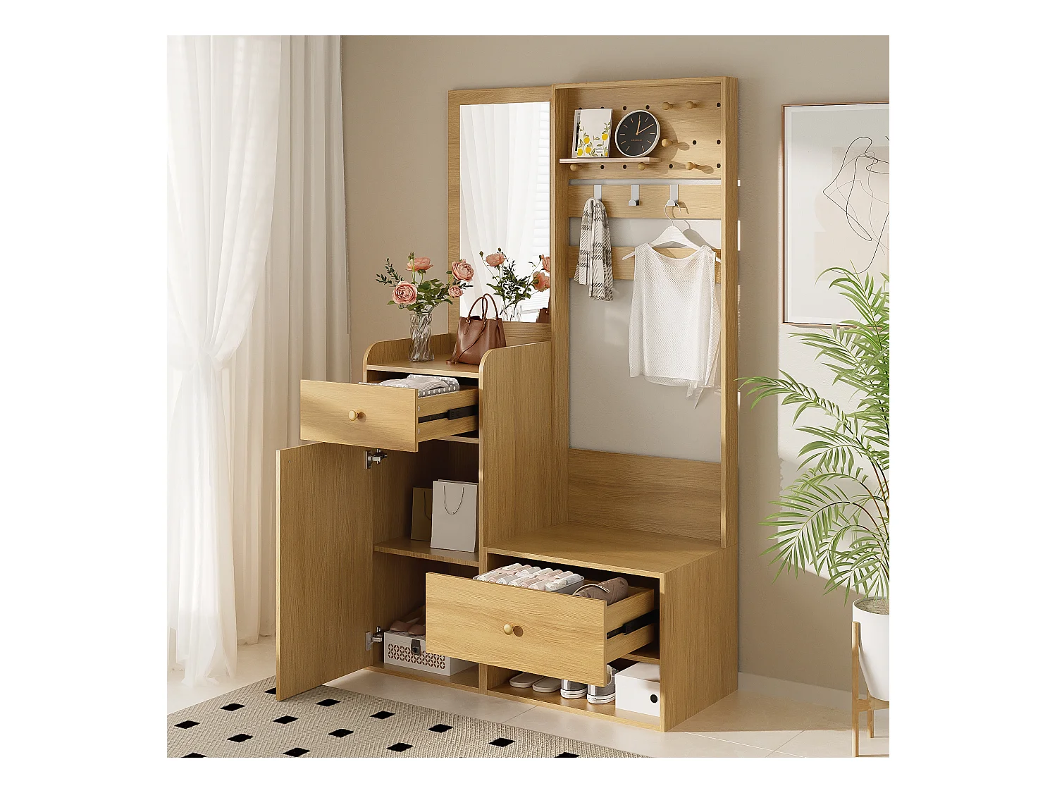 Vestiaire de couleur bois avec 2 tiroirs, 1 porte et miroir, patères réglables 105x38x180cm