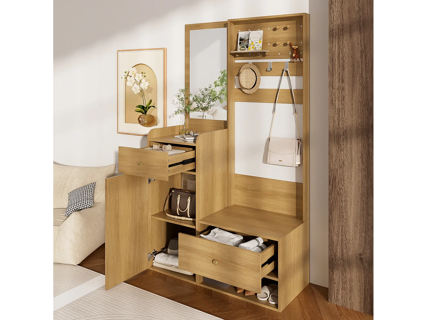 Vestiaire de couleur bois avec 2 tiroirs, 1 porte et miroir, patères réglables 105x38x180cm