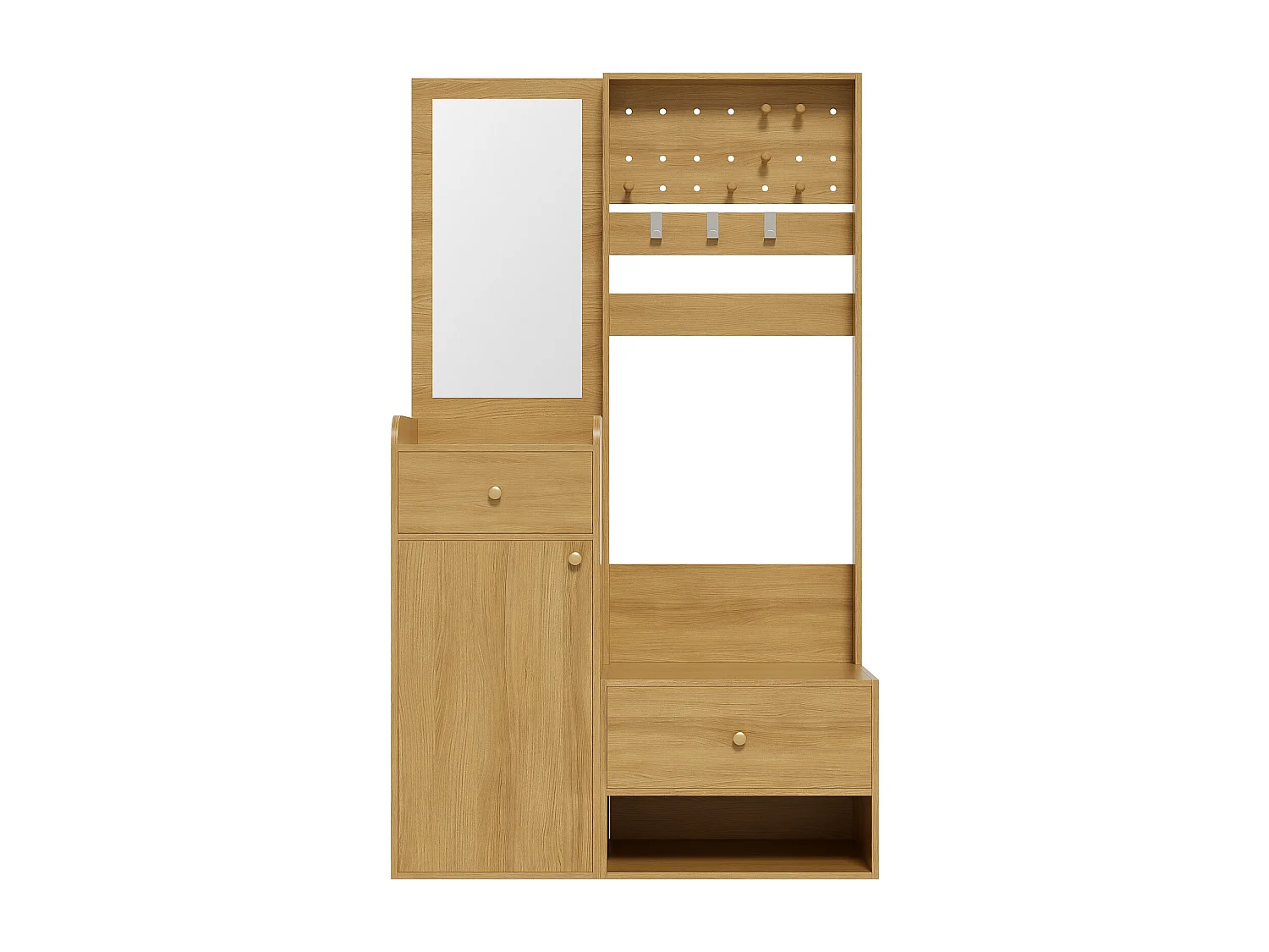 Vestiaire de couleur bois avec 2 tiroirs, 1 porte et miroir, patères réglables 105x38x180cm