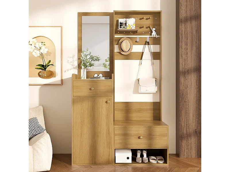 Armadio color legno con 2 cassetti, 1 anta e specchio, ganci regolabili 105x38x180cm