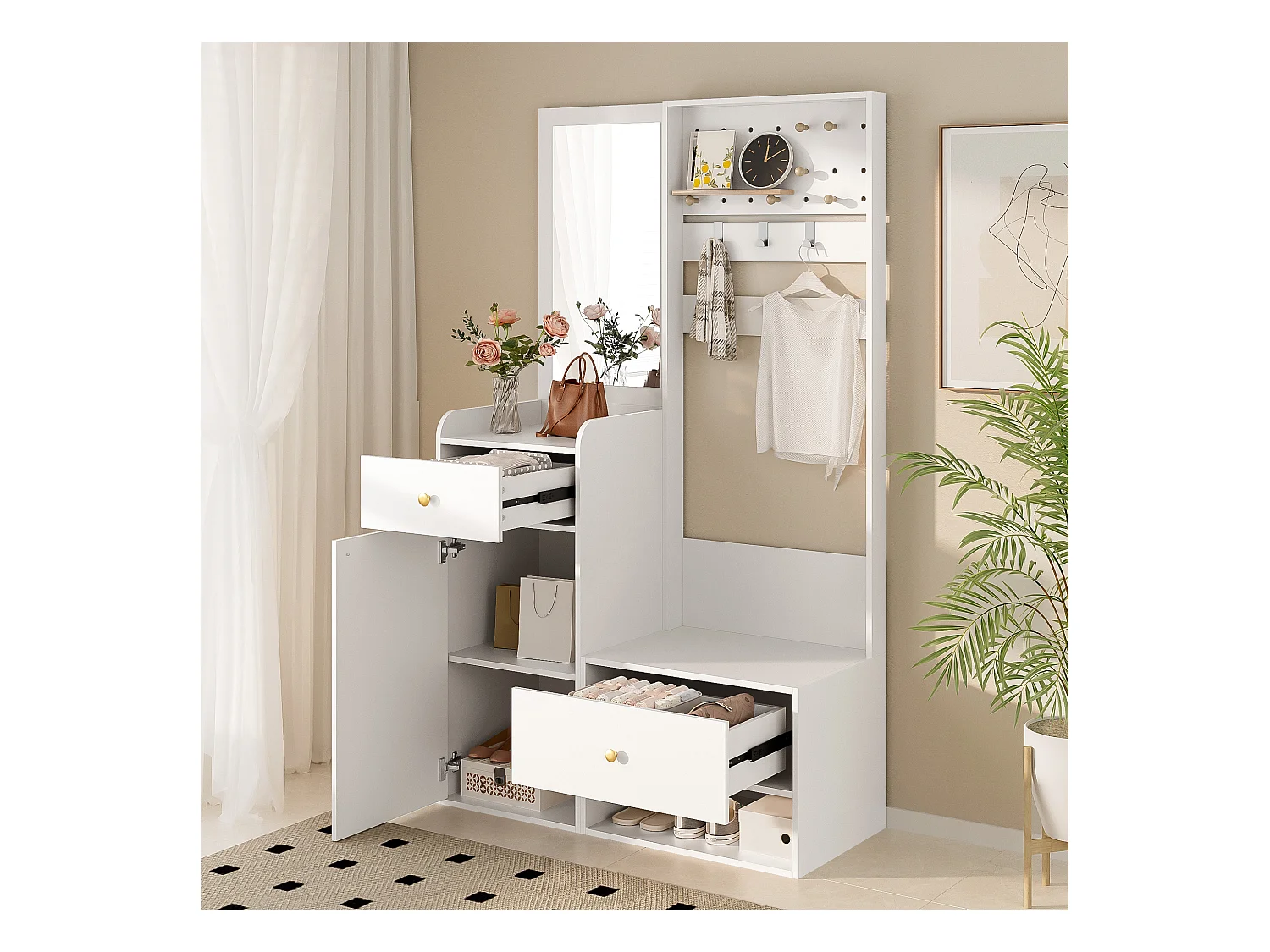 Vestiaire blanc avec 2 tiroirs, 1 porte et miroir, patères réglables 105x38x180cm