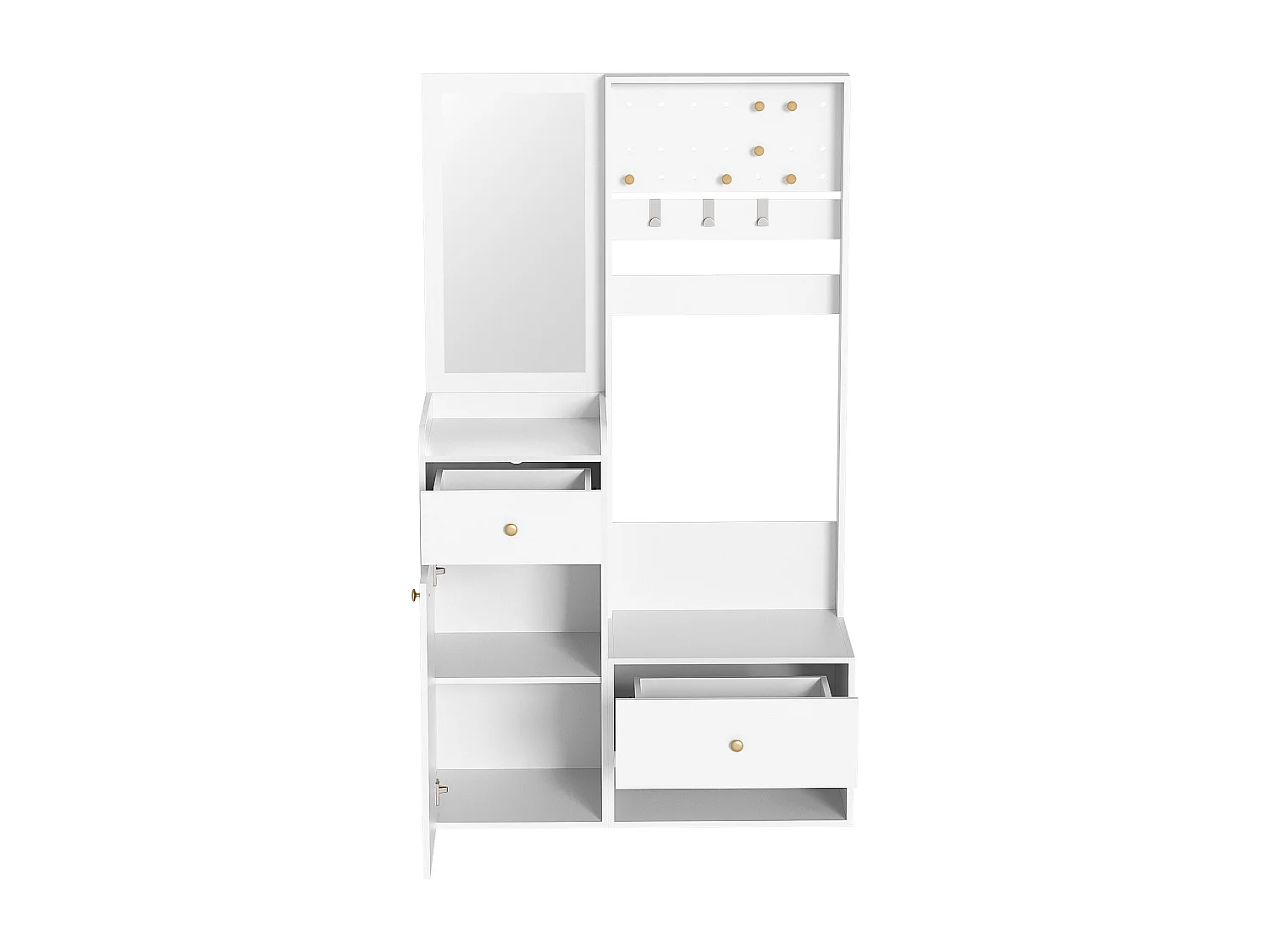 Vestiaire blanc avec 2 tiroirs, 1 porte et miroir, patères réglables 105x38x180cm