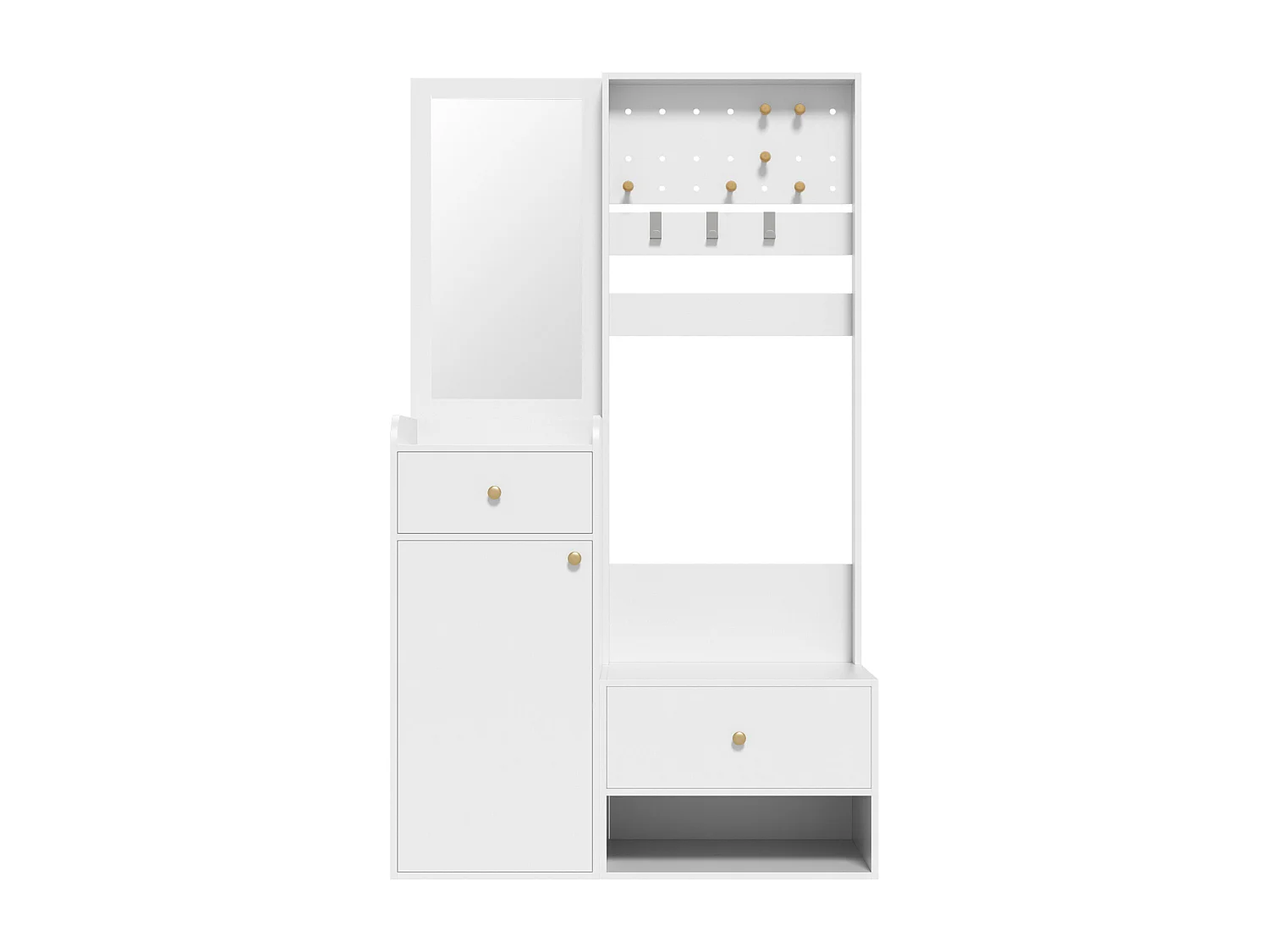 Vestiaire blanc avec 2 tiroirs, 1 porte et miroir, patères réglables 105x38x180cm