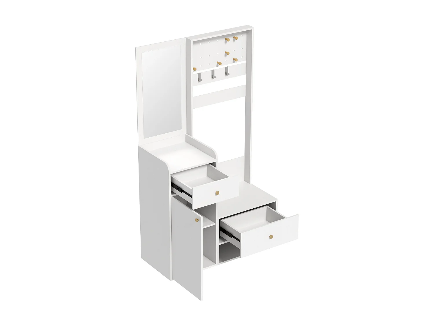 Vestiaire blanc avec 2 tiroirs, 1 porte et miroir, patères réglables 105x38x180cm