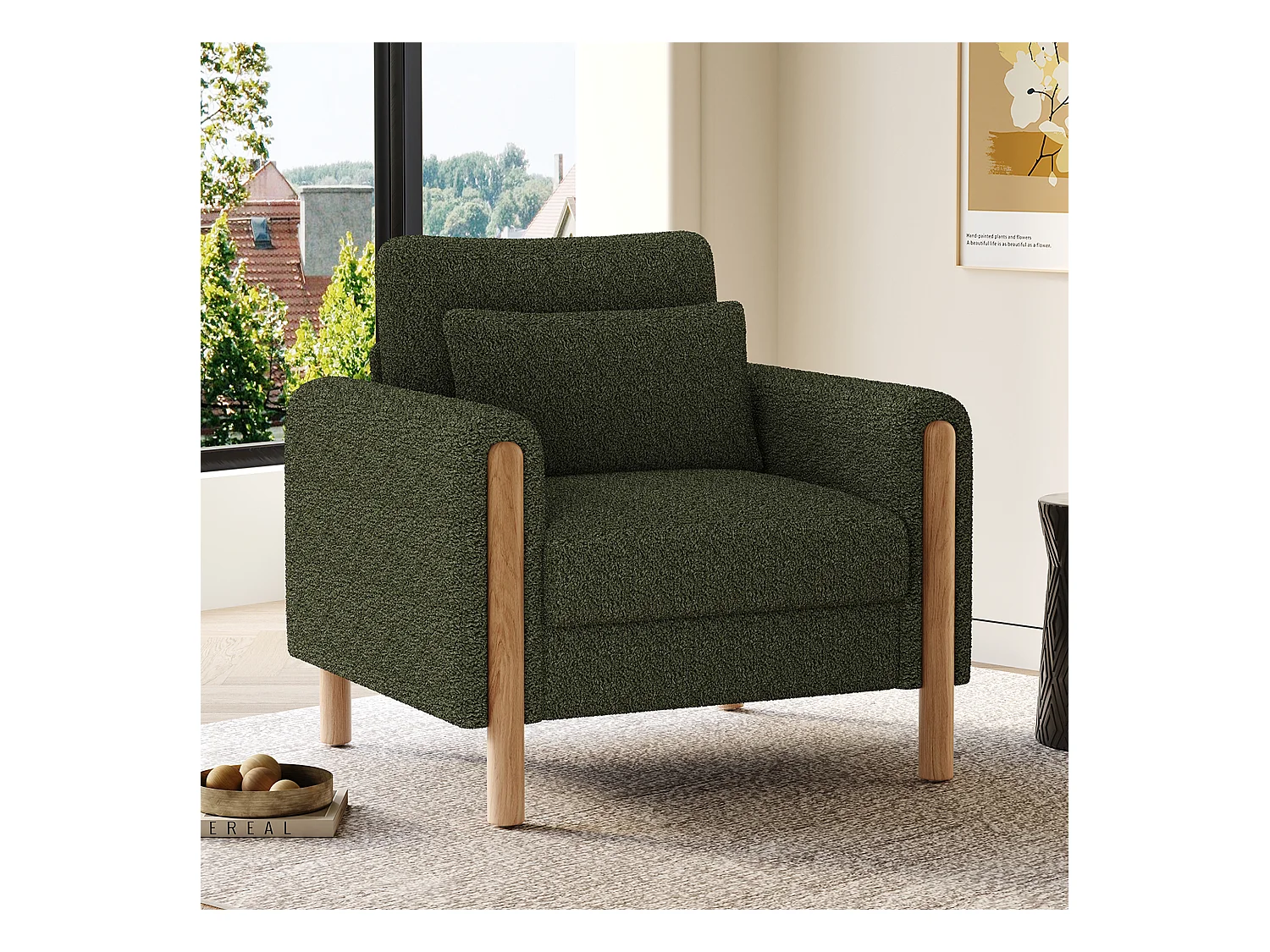 Fauteuil moderne 87x83x88,5 cm - coussins épais - bois massif + coton PP - Vert