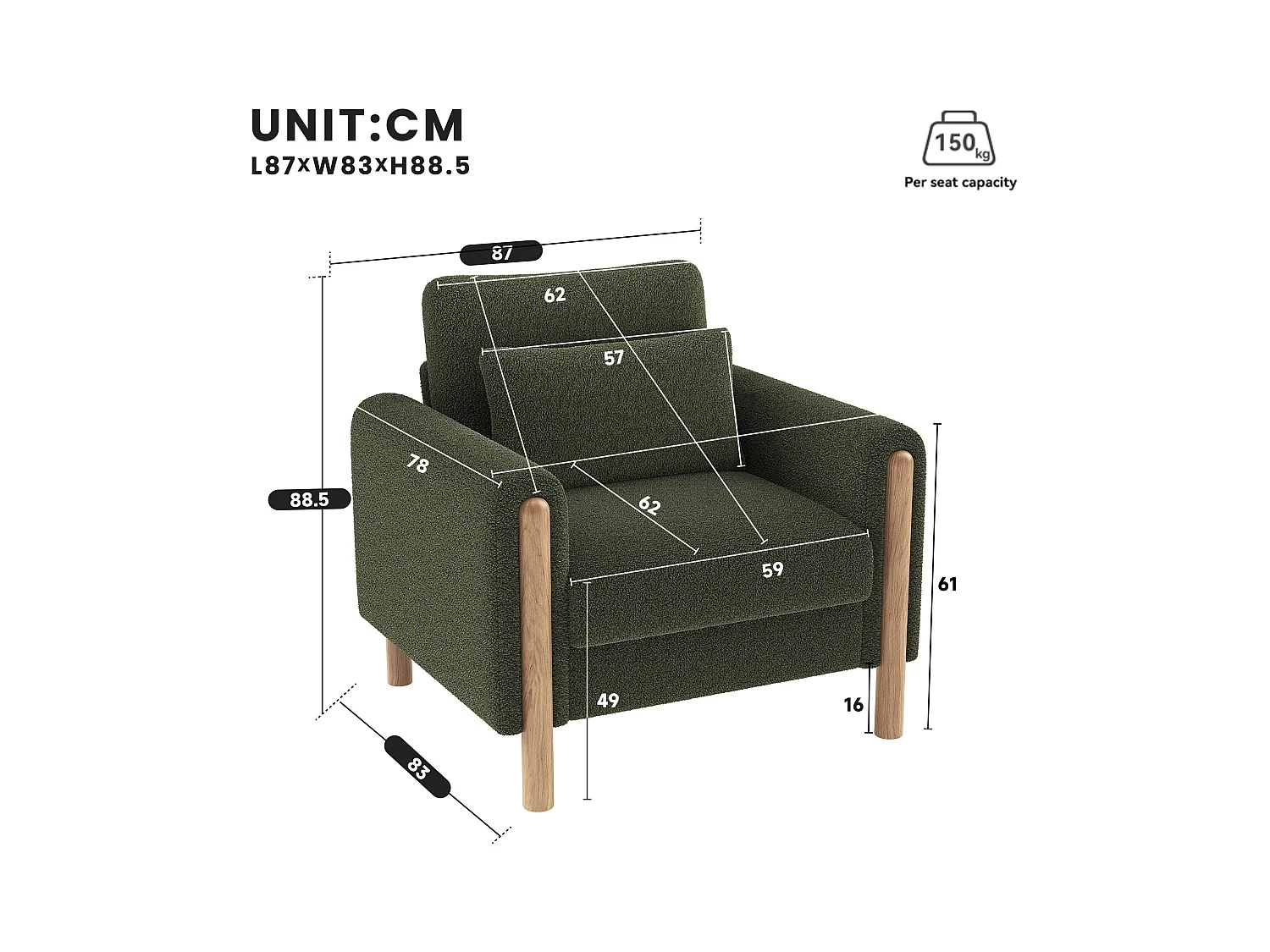 Fauteuil moderne 87x83x88,5 cm - coussins épais - bois massif + coton PP - Vert