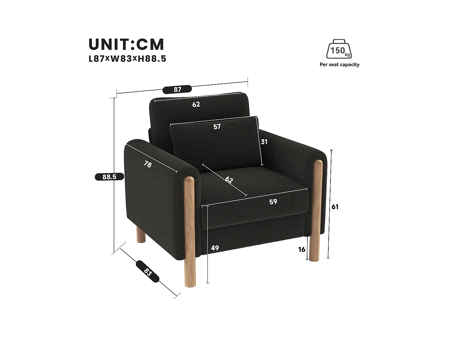 Fauteuil moderne 87x83x88,5 cm - coussins épais - bois massif + coton PP - gris