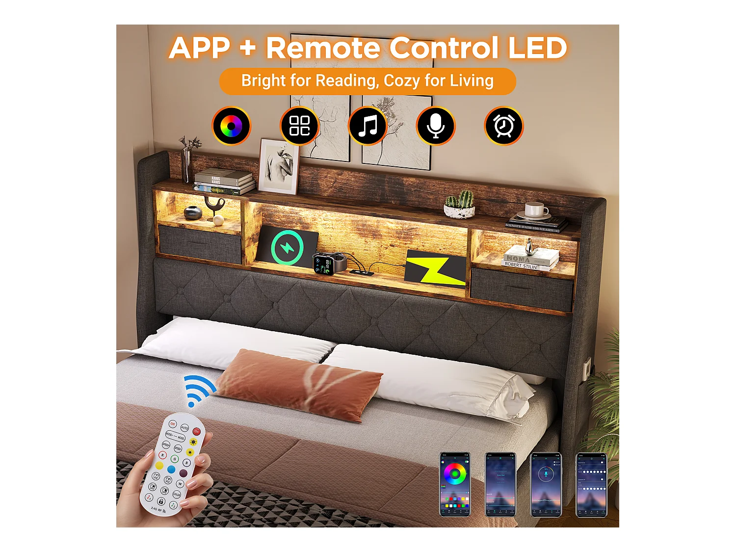 Łóżko z pojemnikiem tapicerowane 160x200cm - z LED - z 4 portami ładowania (USB/Type-C) - zagłówek z przechowywaniem - len - Szary (bez materaca)