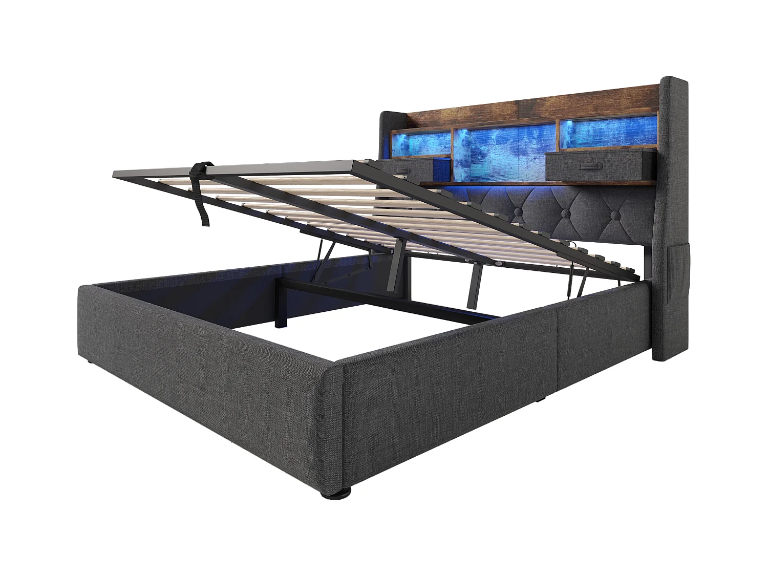 Łóżko z pojemnikiem tapicerowane 160x200cm - z LED - z 4 portami ładowania (USB/Type-C) - zagłówek z przechowywaniem - len - Szary (bez materaca)