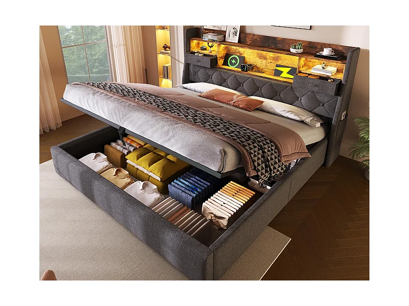 Lit coffre rembourré 180x200cm - avec LED - avec 4 prises de charge (USB/Type-C) - tête de lit avec rangement - lin - Gris (sans matelas)
