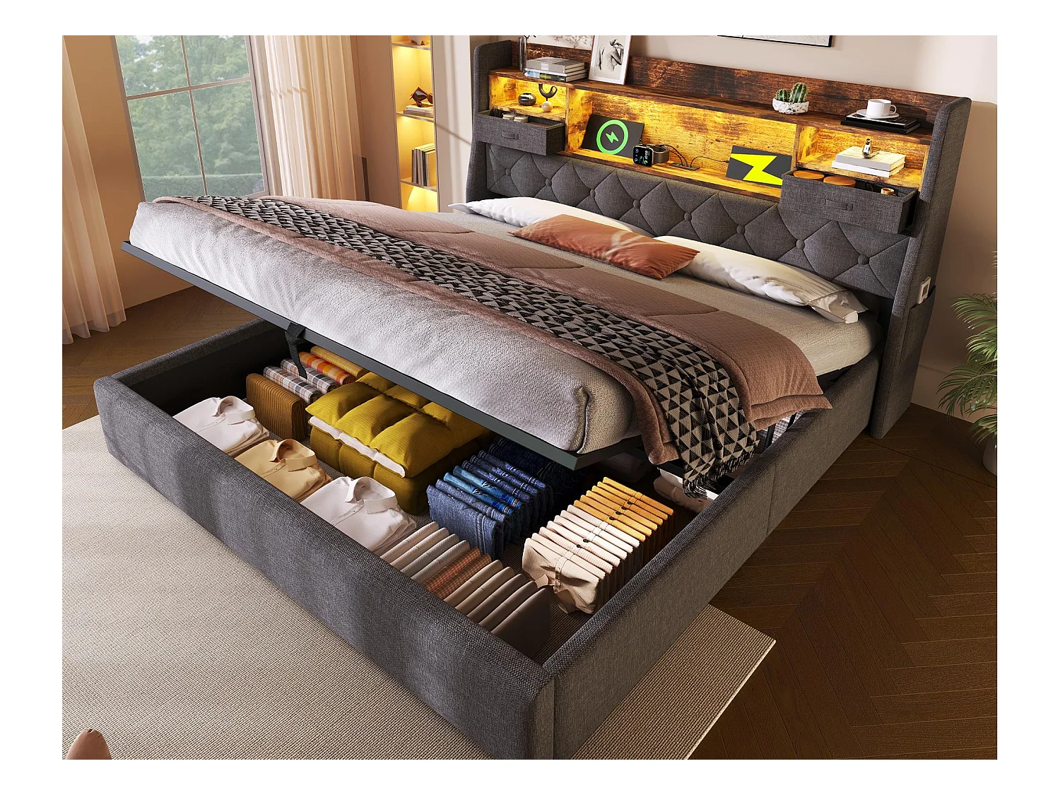 Cama tapizada con almacenaje 180x200cm - con LED - con 4 puertos de carga (USB/Type-C) - cabecero con almacenamiento - lino - Gris (sin colchón)