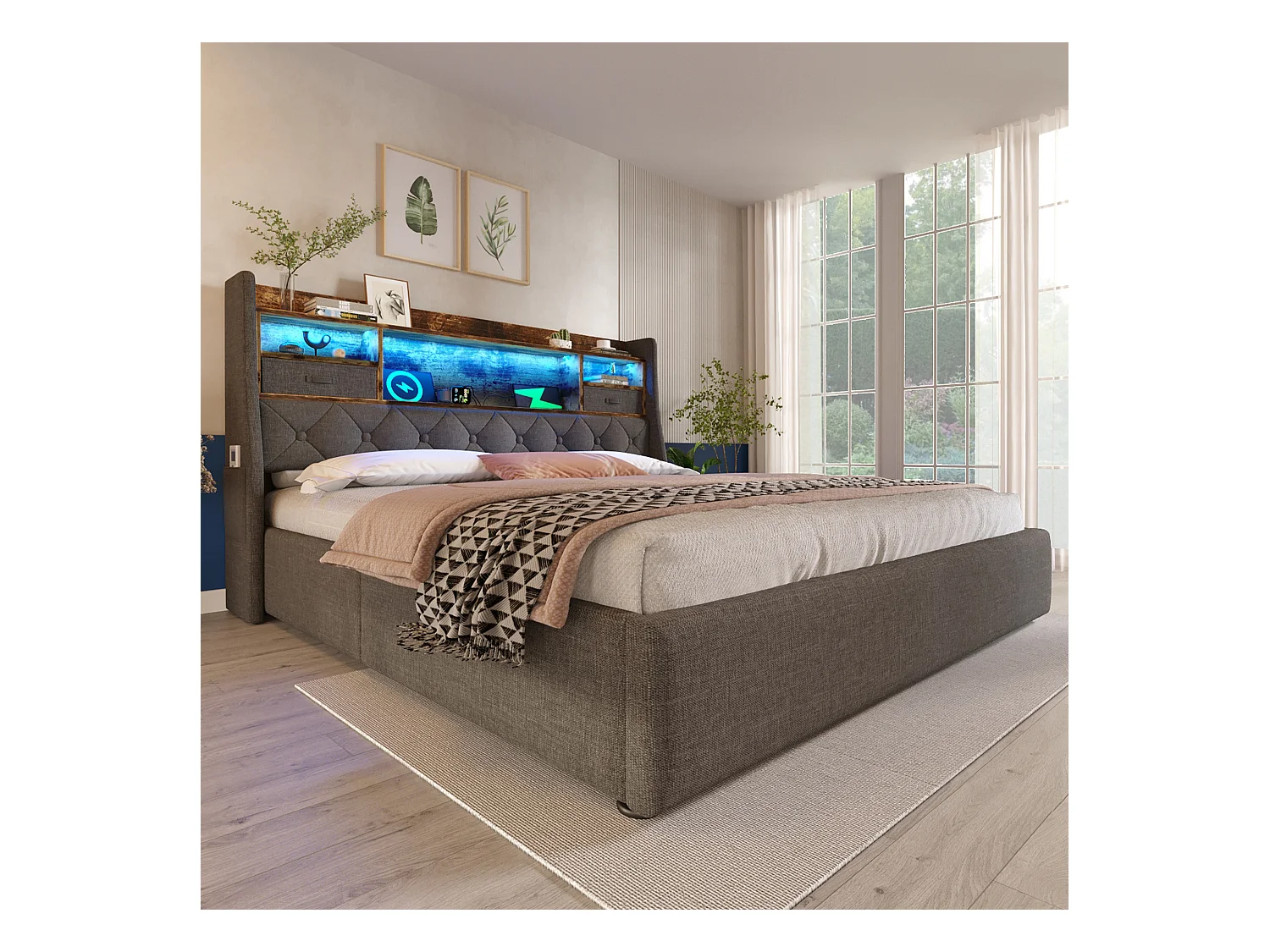 Cama tapizada con almacenaje 180x200cm - con LED - con 4 puertos de carga (USB/Type-C) - cabecero con almacenamiento - lino - Gris (sin colchón)