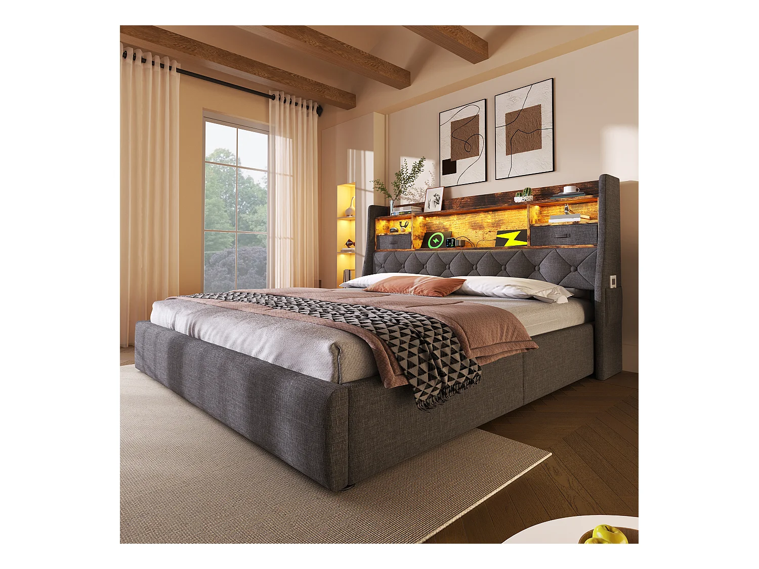 Cama tapizada con almacenaje 180x200cm - con LED - con 4 puertos de carga (USB/Type-C) - cabecero con almacenamiento - lino - Gris (sin colchón)