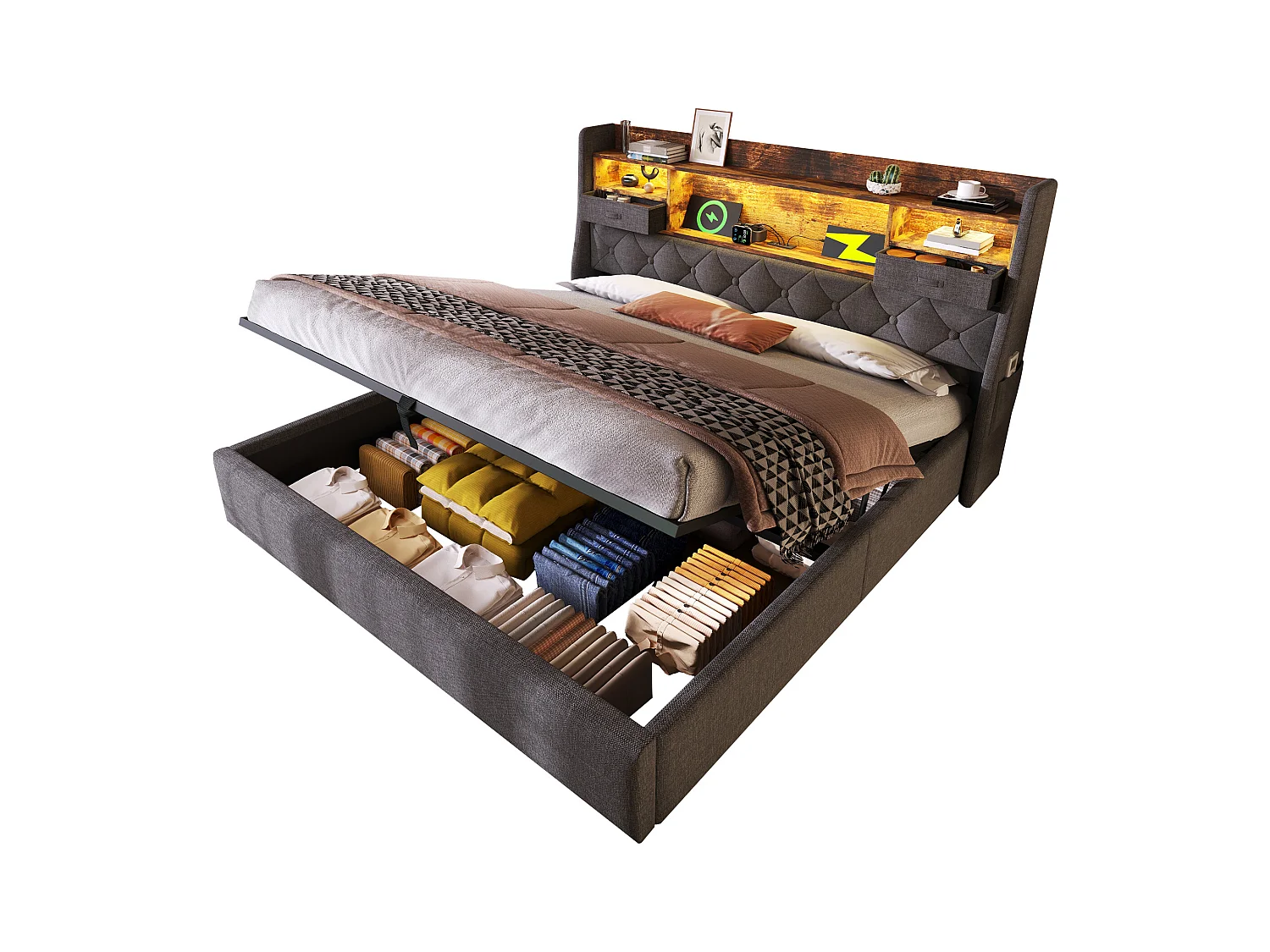 Cama tapizada con almacenaje 180x200cm - con LED - con 4 puertos de carga (USB/Type-C) - cabecero con almacenamiento - lino - Gris (sin colchón)