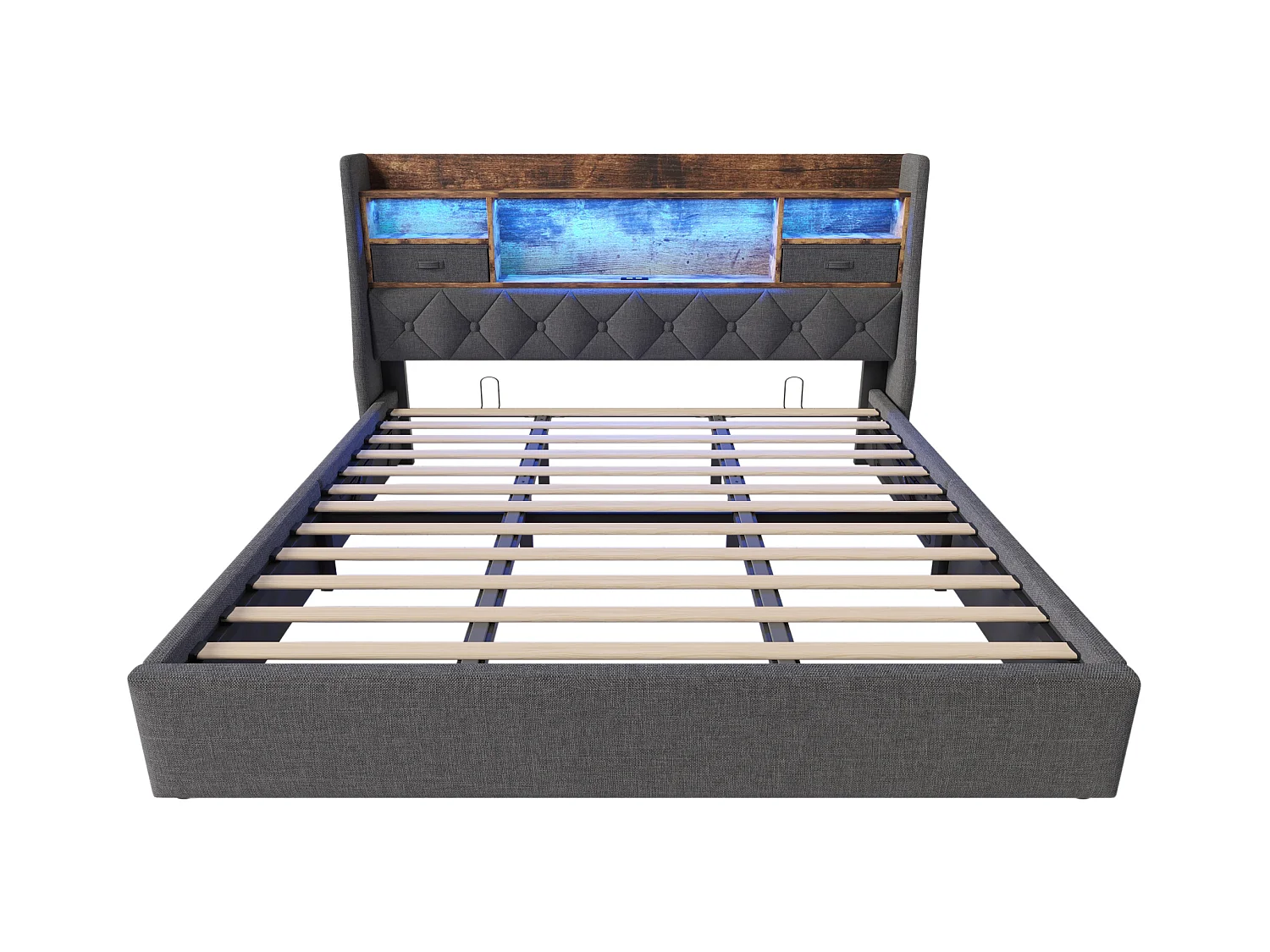 Cama tapizada con almacenaje 180x200cm - con LED - con 4 puertos de carga (USB/Type-C) - cabecero con almacenamiento - lino - Gris (sin colchón)