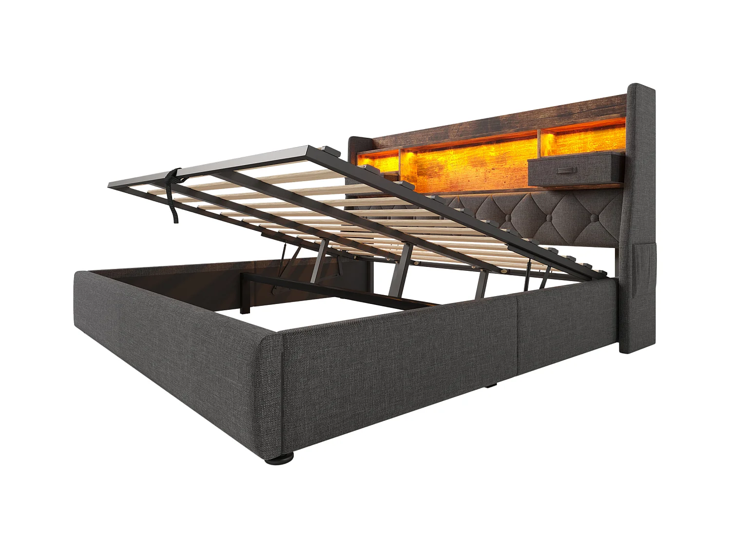 Cama tapizada con almacenaje 180x200cm - con LED - con 4 puertos de carga (USB/Type-C) - cabecero con almacenamiento - lino - Gris (sin colchón)