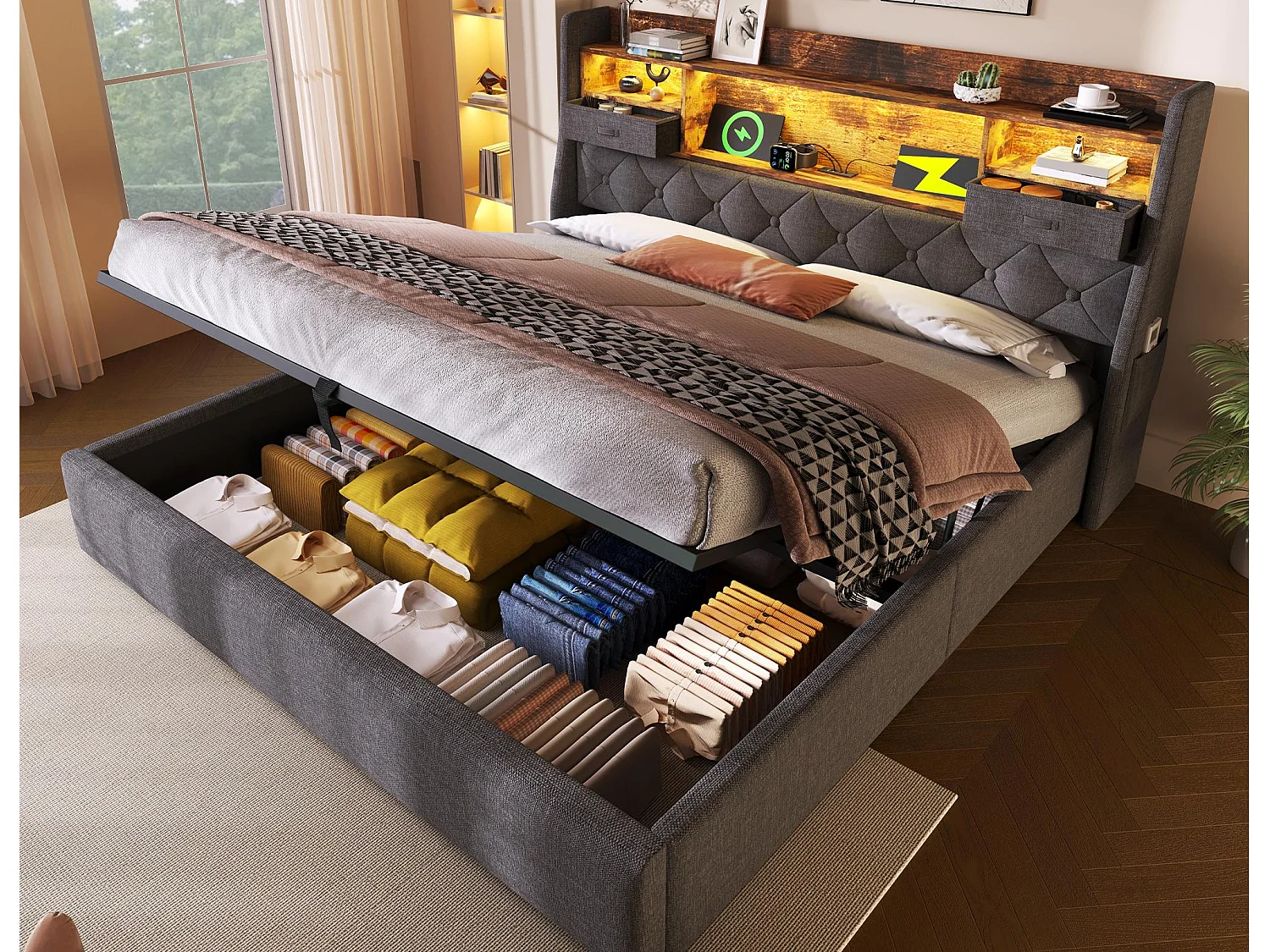 Lit coffre rembourré 180x200cm - avec LED - avec 4 prises de charge (USB/Type-C) - tête de lit avec rangement - lin - Gris (sans matelas)