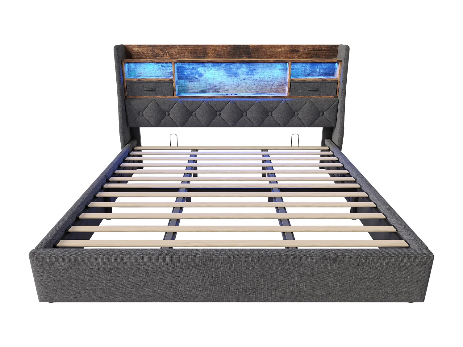 Gepolstertes Bett mit Stauraum 180x200cm - mit LED - mit 4 Ladeports (USB/Type-C) - Kopfteil mit Staufach - Leinen - Grau (ohne Matratze)