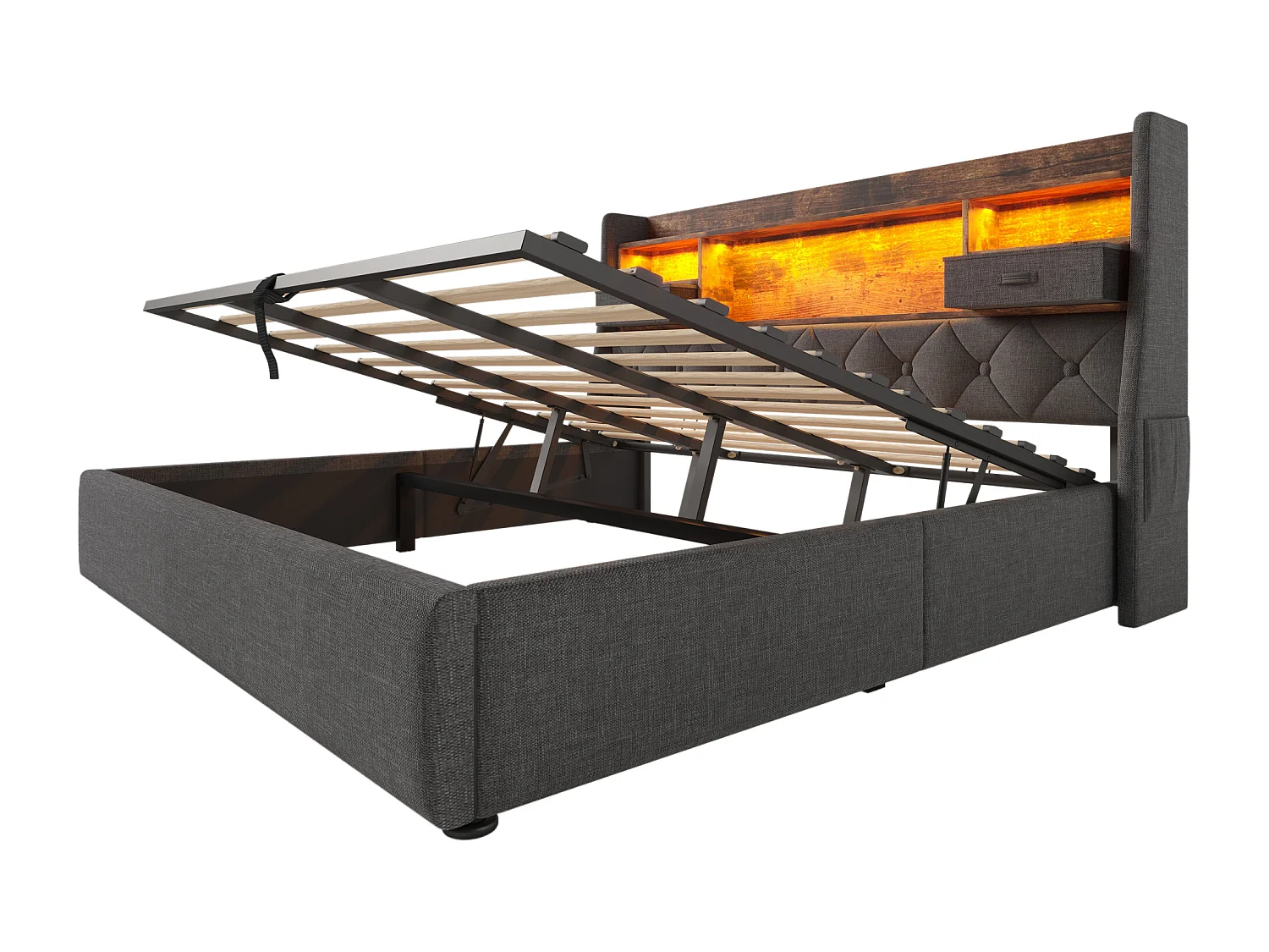 Gepolstertes Bett mit Stauraum 180x200cm - mit LED - mit 4 Ladeports (USB/Type-C) - Kopfteil mit Staufach - Leinen - Grau (ohne Matratze)