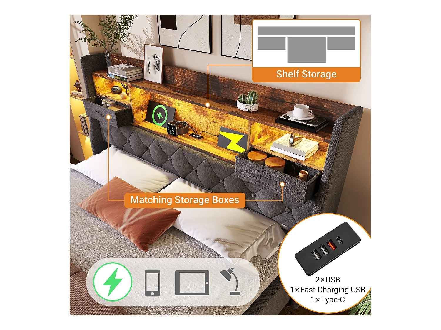 Łóżko z pojemnikiem tapicerowane 140x200cm - z LED - z 4 portami ładowania (USB/Type-C) - zagłówek z przechowywaniem - len - Szary (bez materaca)