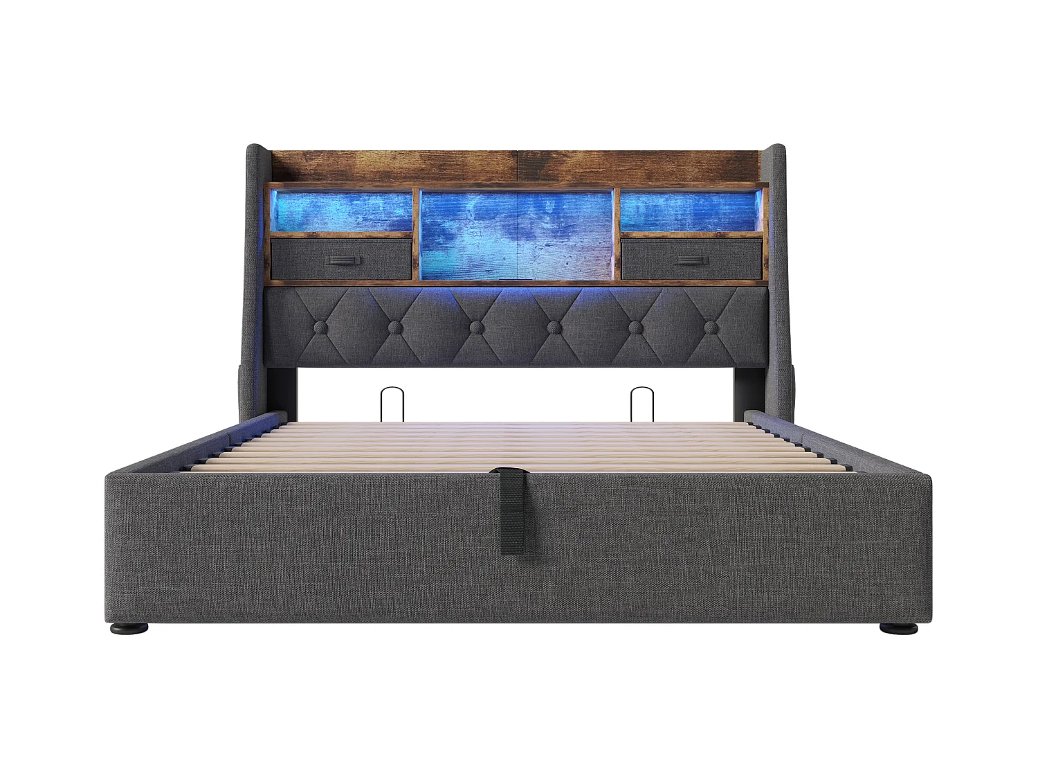 Łóżko z pojemnikiem tapicerowane 140x200cm - z LED - z 4 portami ładowania (USB/Type-C) - zagłówek z przechowywaniem - len - Szary (bez materaca)