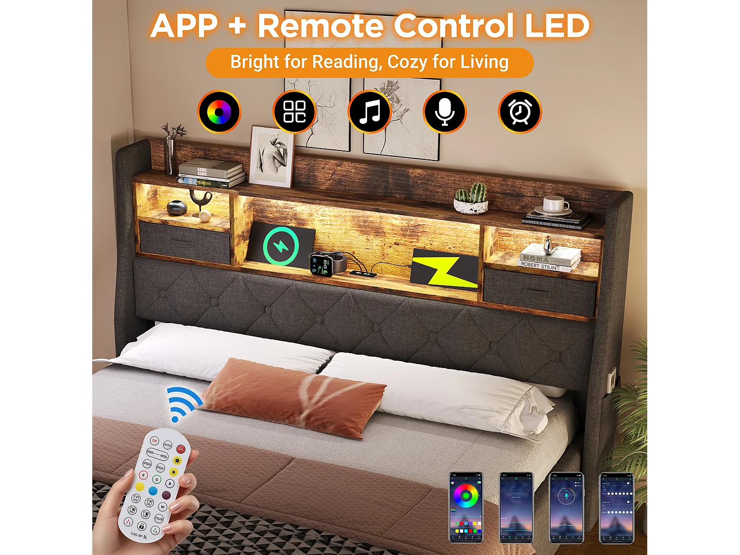 Lit coffre rembourré 140x200cm - avec LED - avec 4 prises de charge (USB/Type-C) - tête de lit avec rangement - lin - Gris (sans matelas)