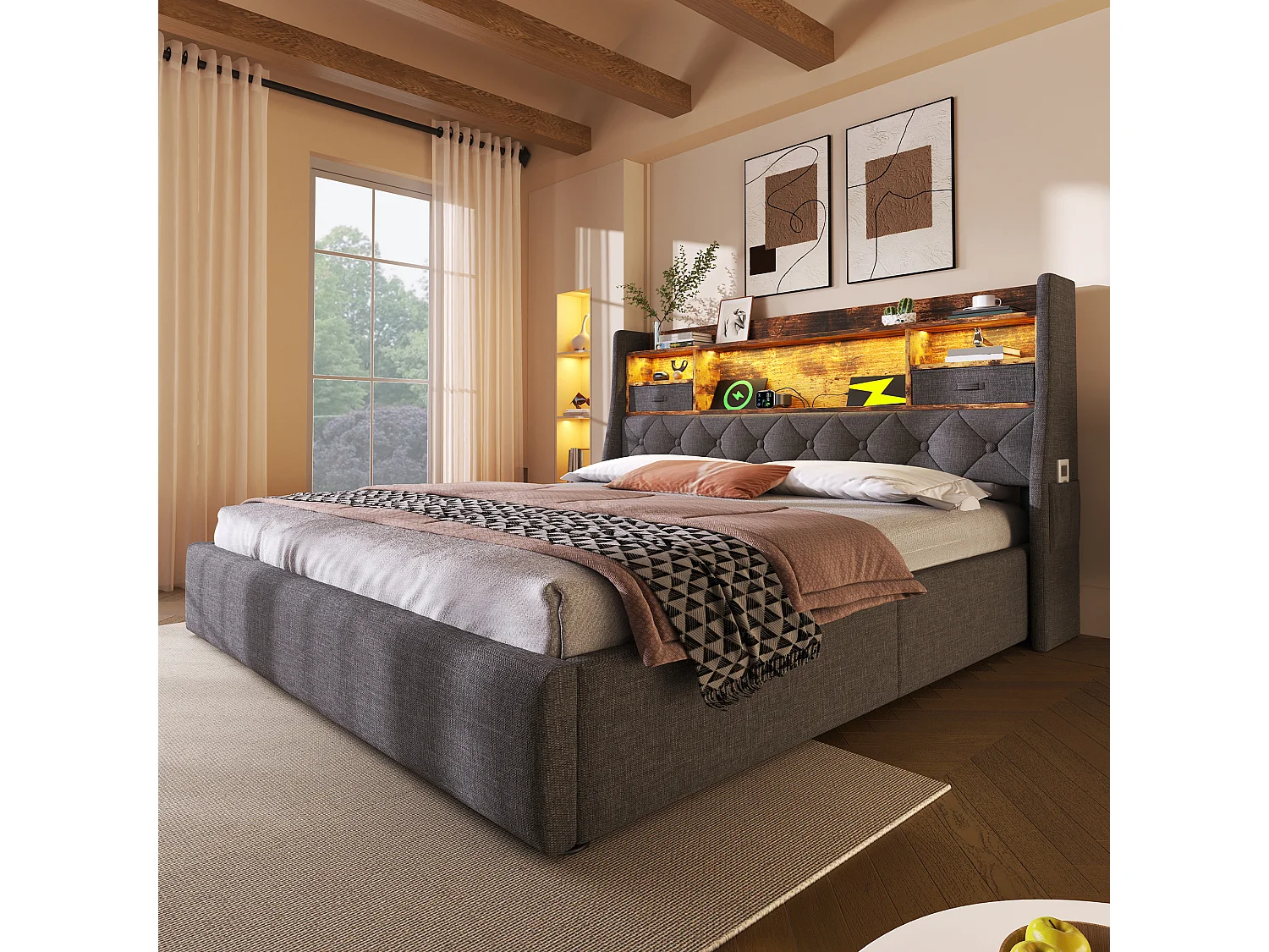 Lit coffre rembourré 140x200cm - avec LED - avec 4 prises de charge (USB/Type-C) - tête de lit avec rangement - lin - Gris (sans matelas)