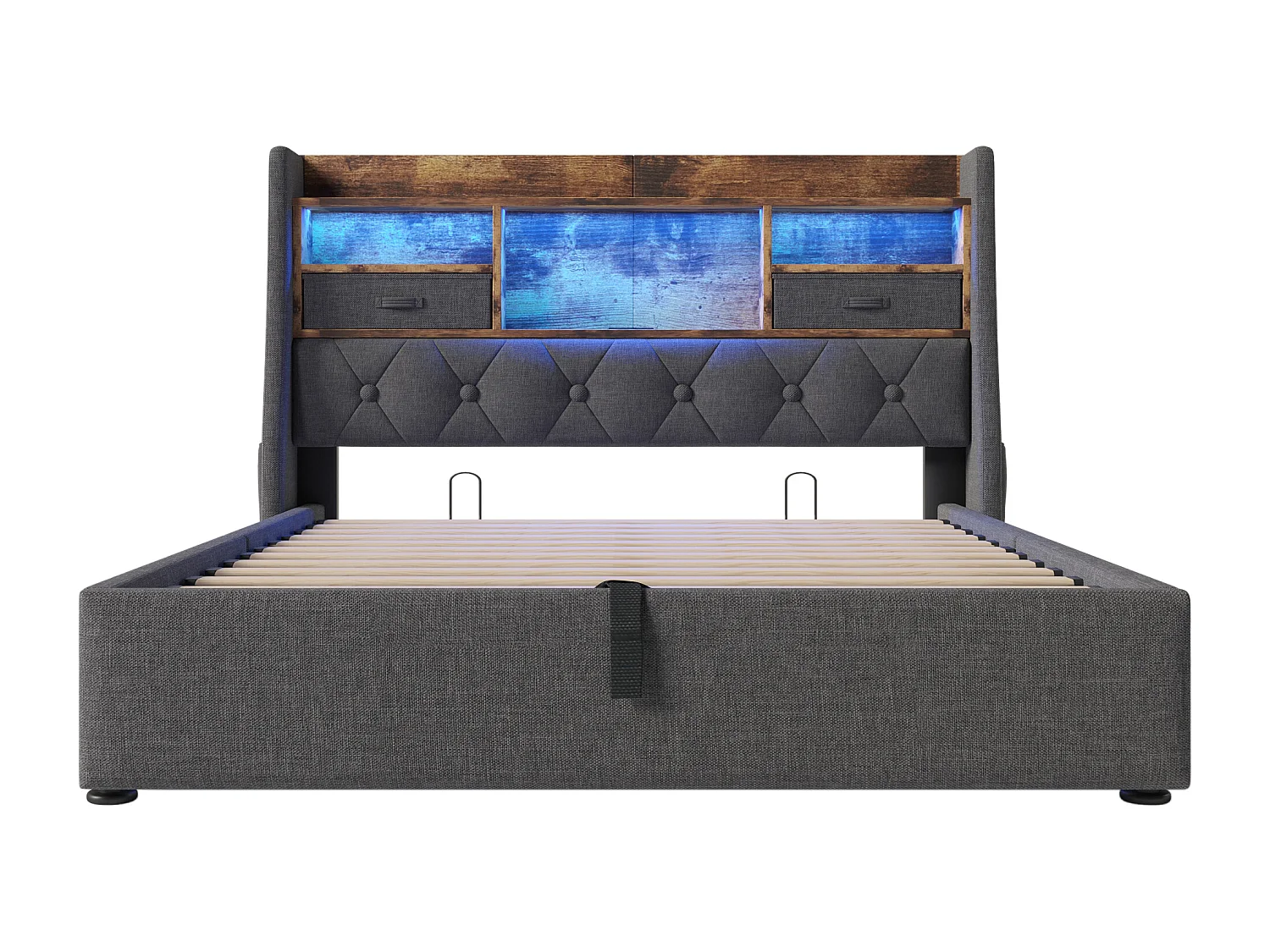 Lit coffre rembourré 140x200cm - avec LED - avec 4 prises de charge (USB/Type-C) - tête de lit avec rangement - lin - Gris (sans matelas)