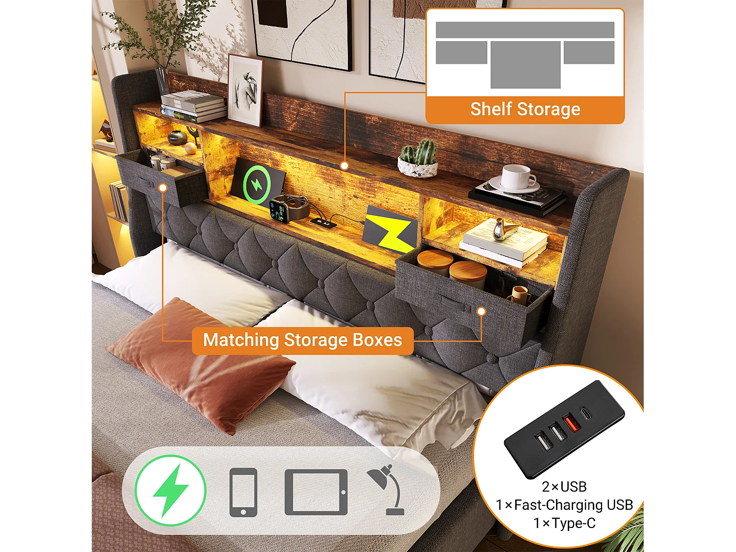 Letto con contenitore imbottito 140x200cm - con LED - con 4 porte di ricarica (USB/Type-C) - testata con ripostiglio - lino - Grigio (senza materasso)