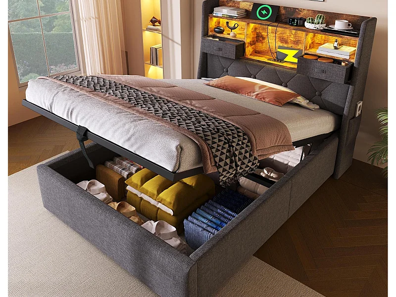 Gepolstertes Bett mit Stauraum 90x200cm - mit LED - mit 4 Ladeports (USB/Type-C) - Kopfteil mit Staufach - Leinen - Grau (ohne Matratze)