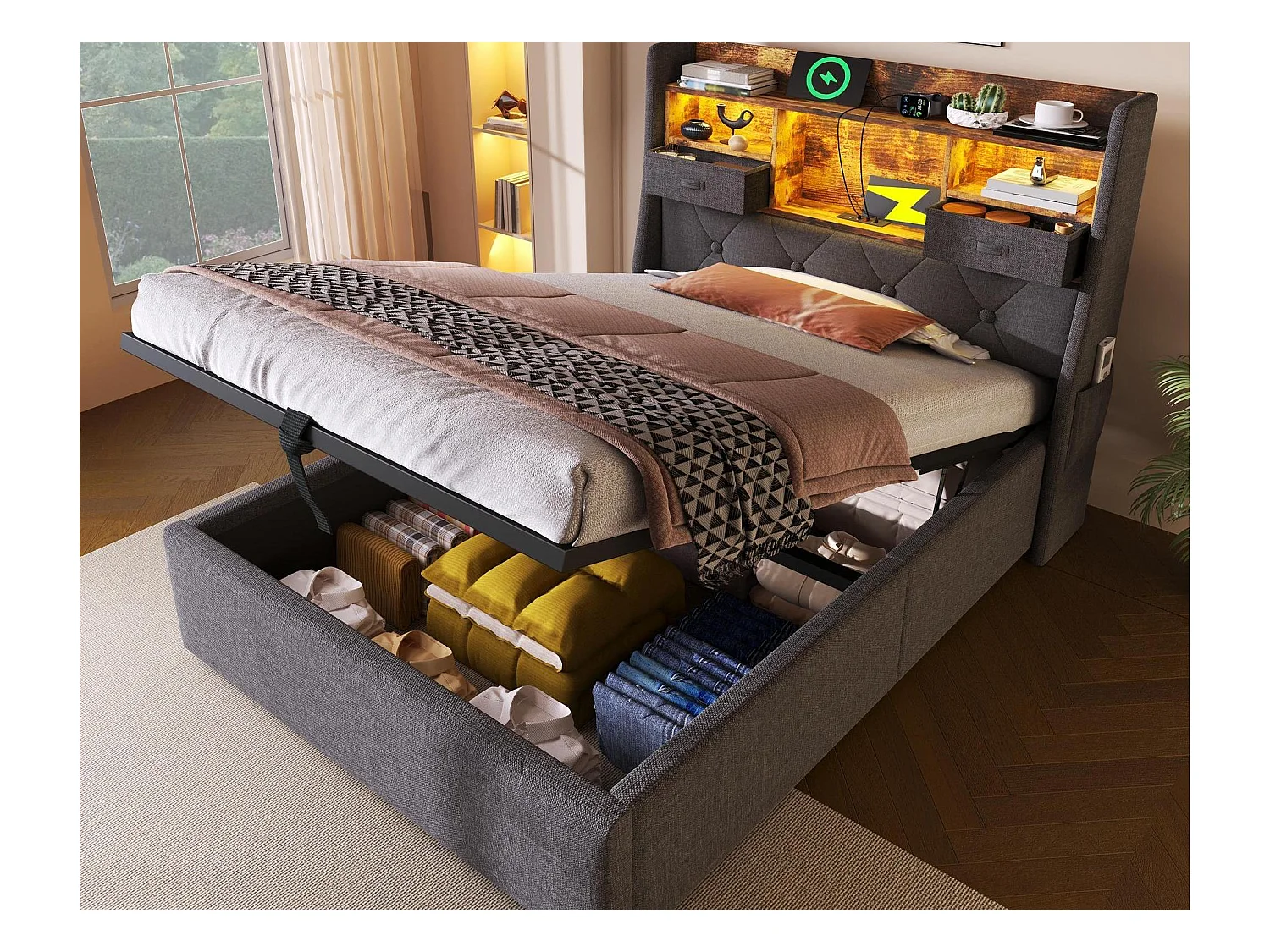 Lit coffre rembourré 90x200cm - avec LED - avec 4 prises de charge (USB/Type-C) - tête de lit avec rangement - lin - Gris (sans matelas)