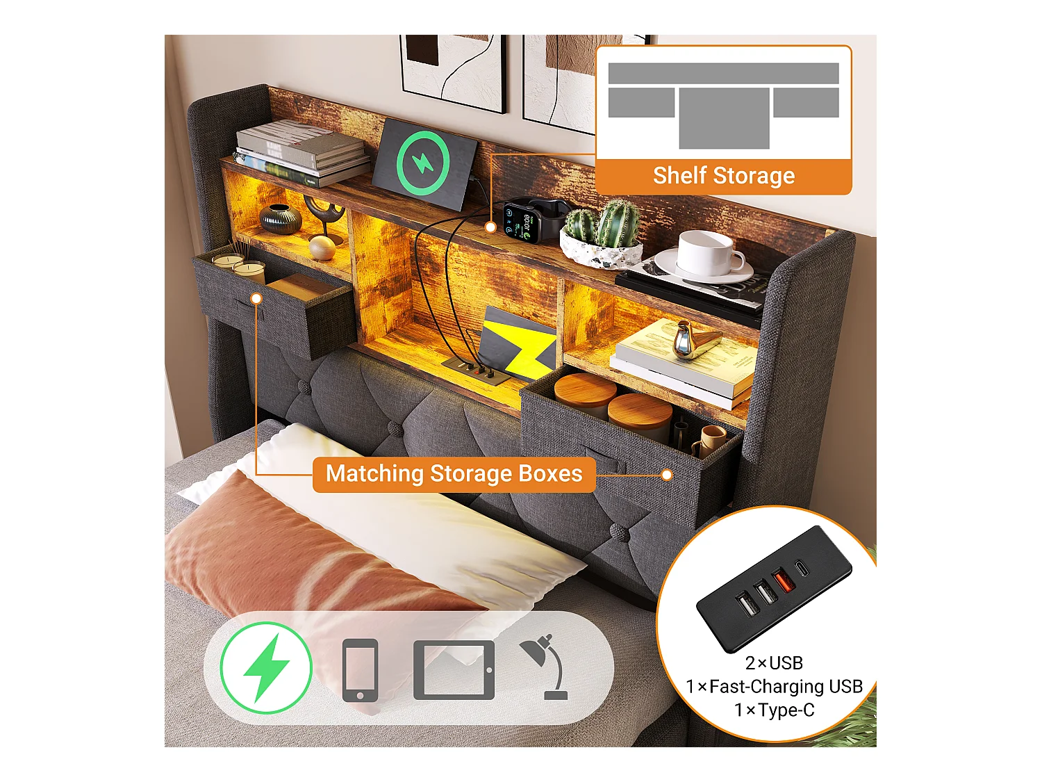 Lit coffre rembourré 90x200cm - avec LED - avec 4 prises de charge (USB/Type-C) - tête de lit avec rangement - lin - Gris (sans matelas)