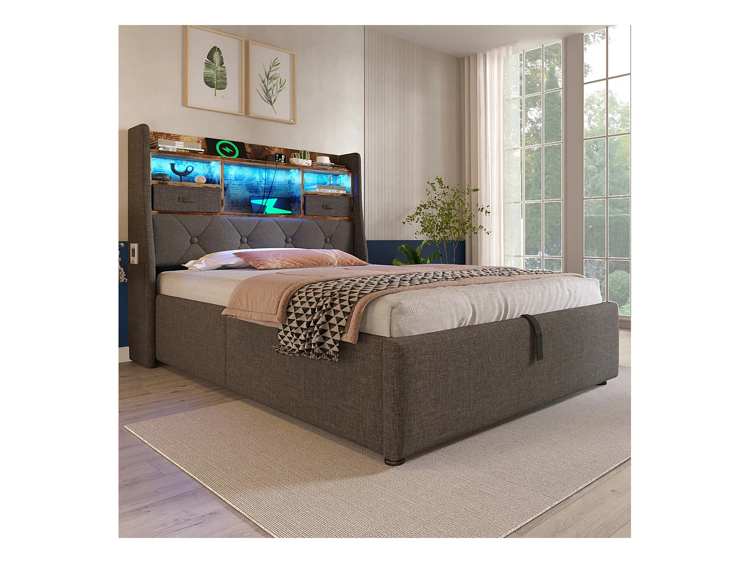 Lit coffre rembourré 90x200cm - avec LED - avec 4 prises de charge (USB/Type-C) - tête de lit avec rangement - lin - Gris (sans matelas)