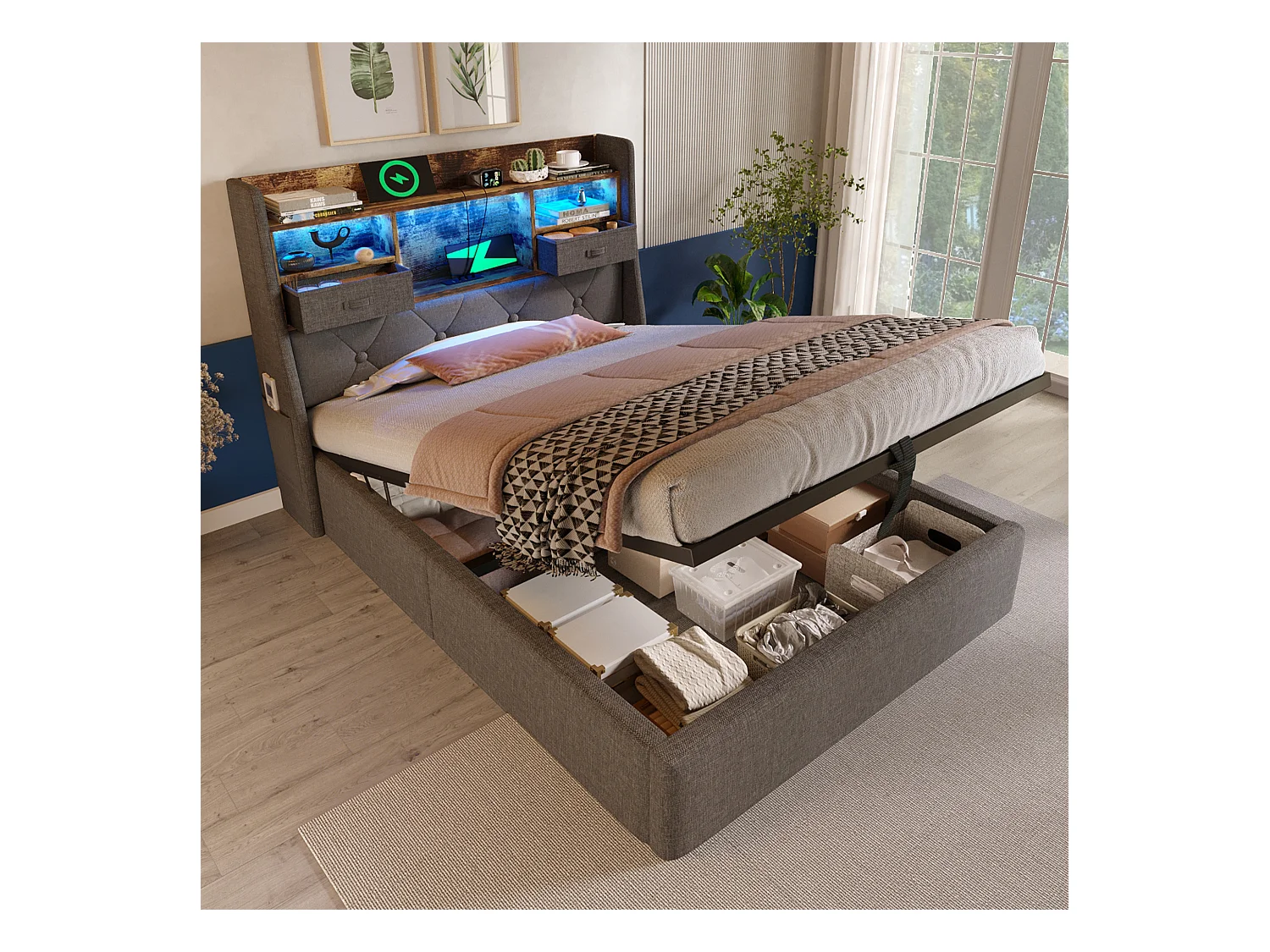 Lit coffre rembourré 90x200cm - avec LED - avec 4 prises de charge (USB/Type-C) - tête de lit avec rangement - lin - Gris (sans matelas)