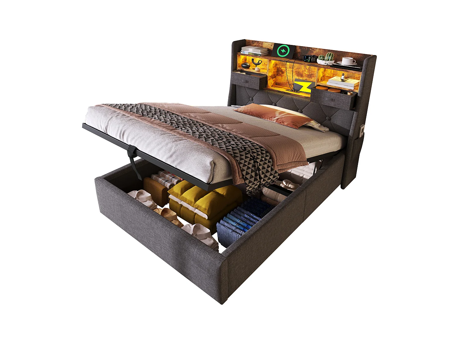 Lit coffre rembourré 90x200cm - avec LED - avec 4 prises de charge (USB/Type-C) - tête de lit avec rangement - lin - Gris (sans matelas)