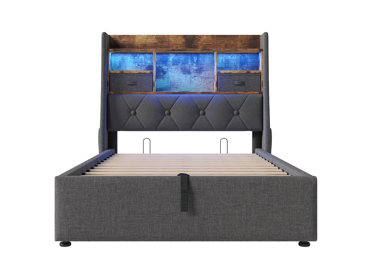Lit coffre rembourré 90x200cm - avec LED - avec 4 prises de charge (USB/Type-C) - tête de lit avec rangement - lin - Gris (sans matelas)