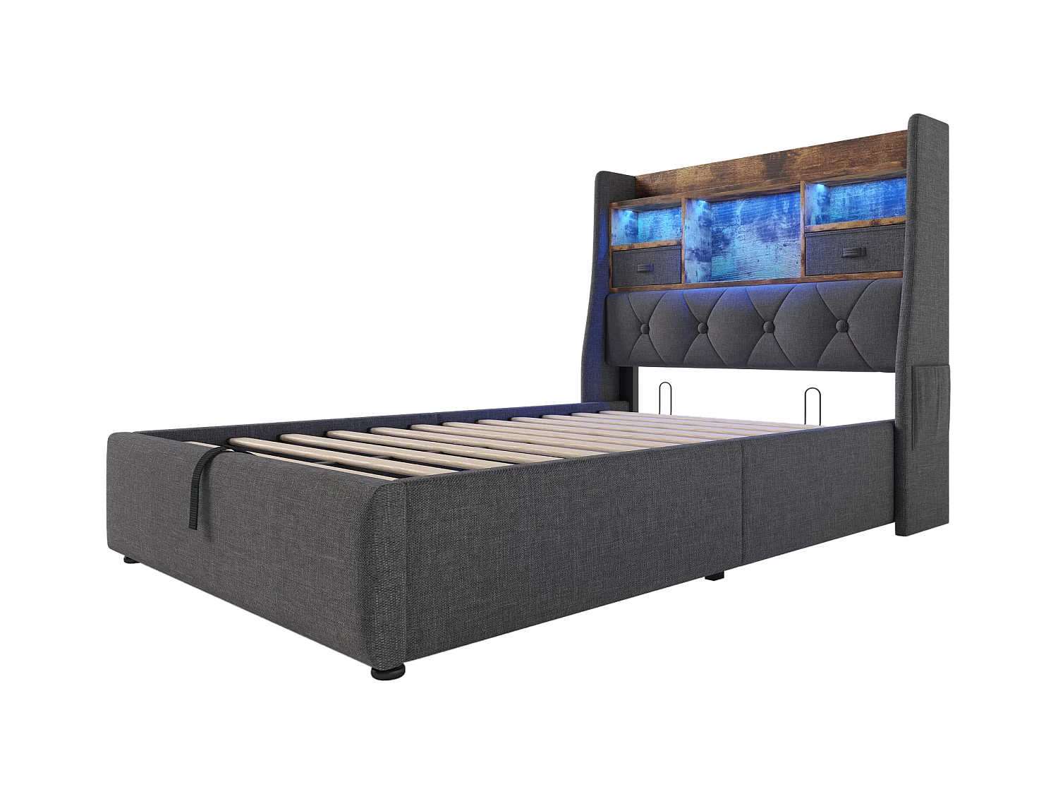 Lit coffre rembourré 90x200cm - avec LED - avec 4 prises de charge (USB/Type-C) - tête de lit avec rangement - lin - Gris (sans matelas)