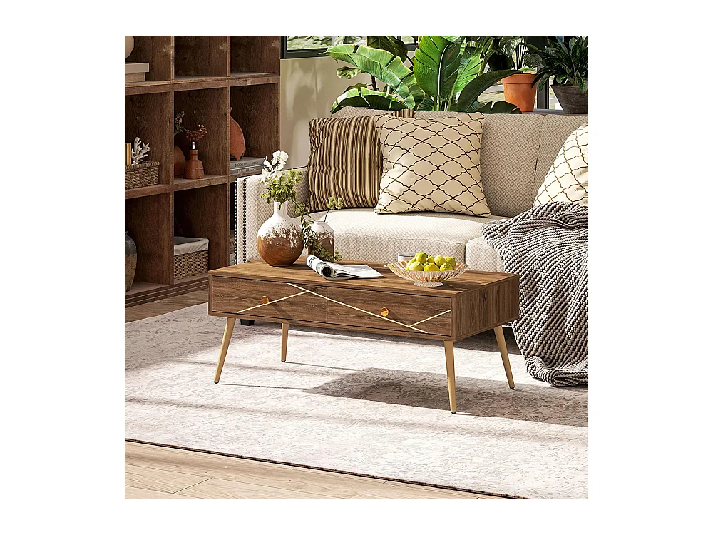 Table basse salon table de salon rectangulaire vaste plateau 2 tiroir pieds fuselés 100 x 50 x 41 cm，marron