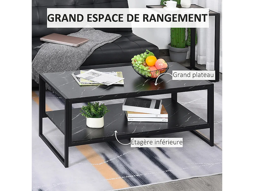 Table Basse Style Moderne avec 2 Étagères 106 x 50 x 47 cm Noir