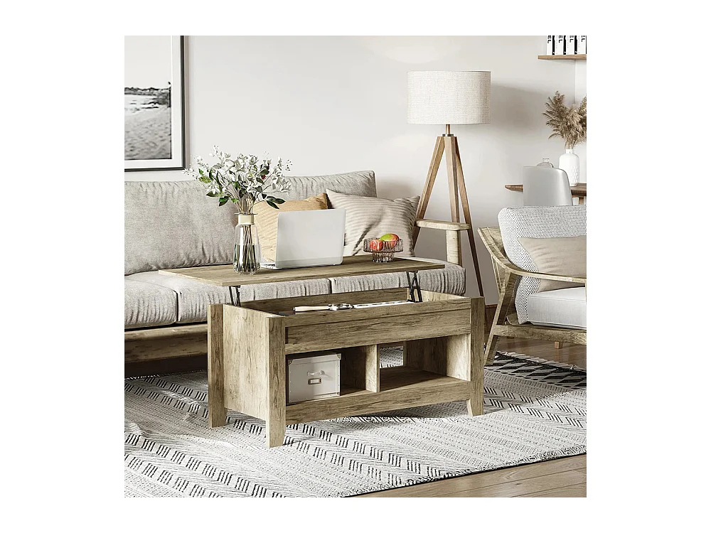 Table basse plateau relevable, table de salon avec étagères et compartiment caché,105 x 50 x 49-62,5 cm pour salon, chambre, bois chêne