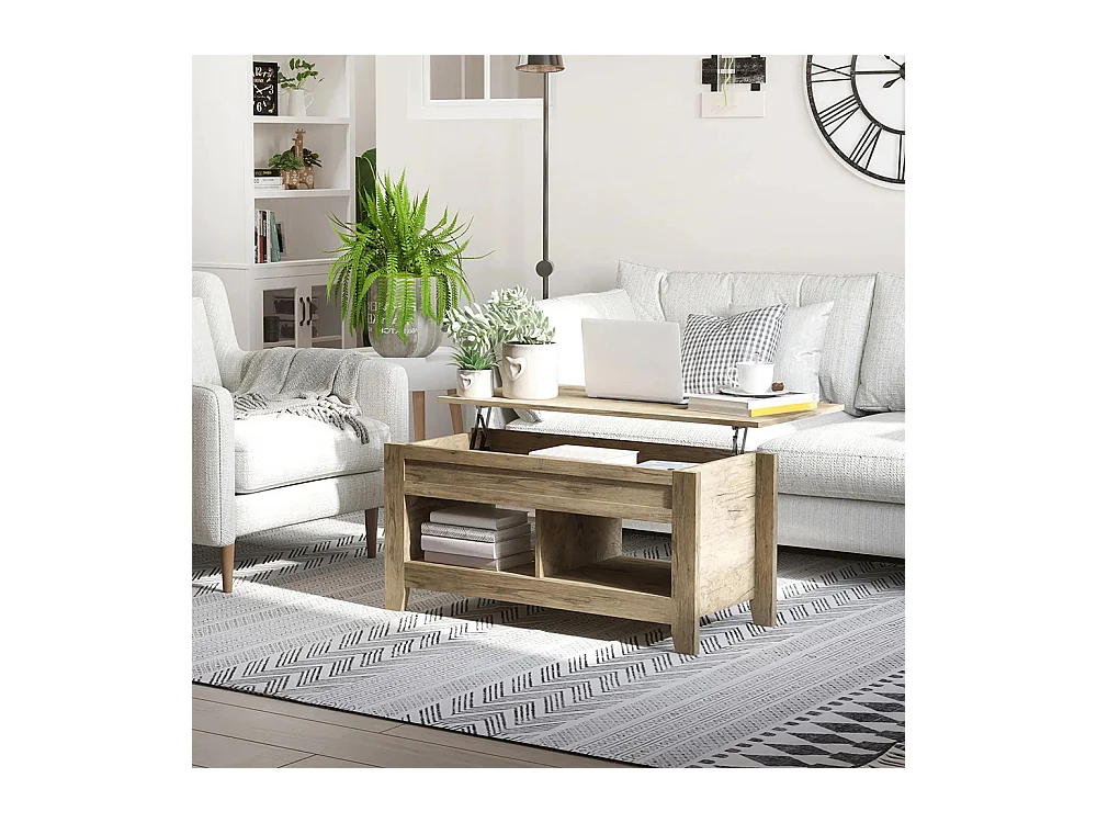 Table basse plateau relevable, table de salon avec étagères et compartiment caché,105 x 50 x 49-62,5 cm pour salon, chambre, bois chêne