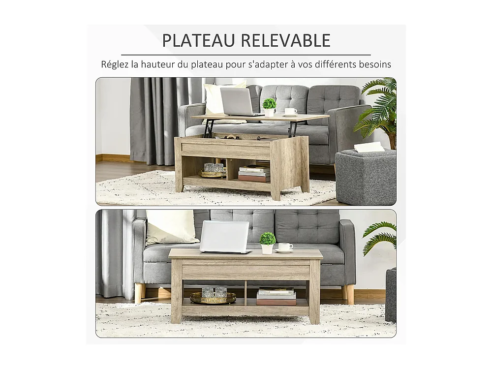 Table basse plateau relevable, table de salon avec étagères et compartiment caché,105 x 50 x 49-62,5 cm pour salon, chambre, bois chêne