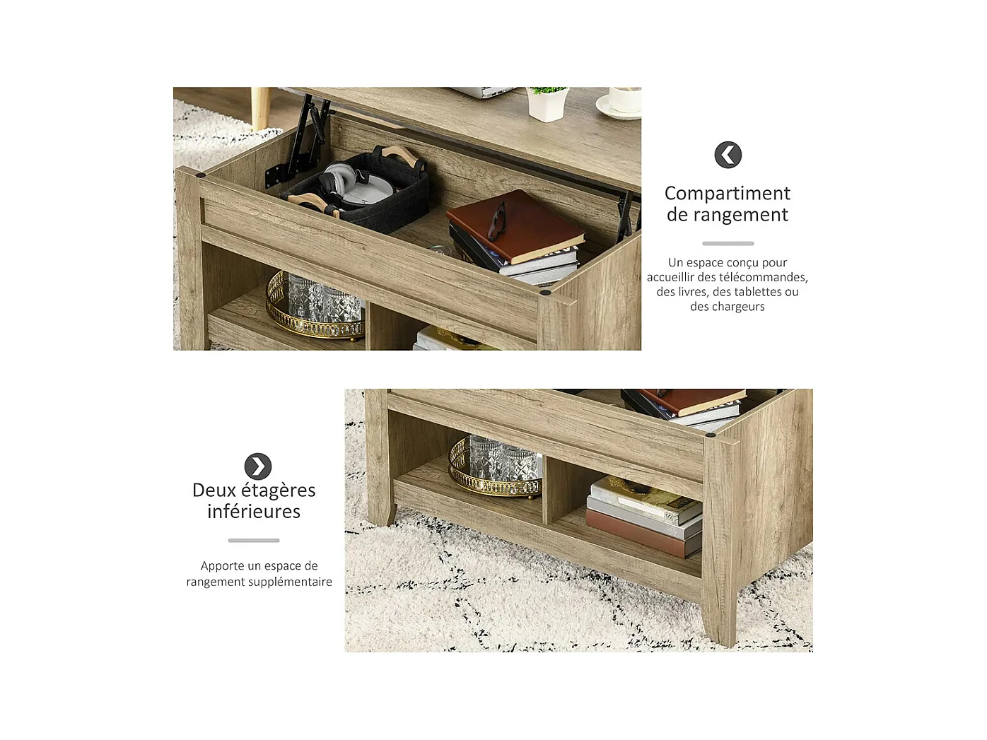 Table basse plateau relevable, table de salon avec étagères et compartiment caché,105 x 50 x 49-62,5 cm pour salon, chambre, bois chêne