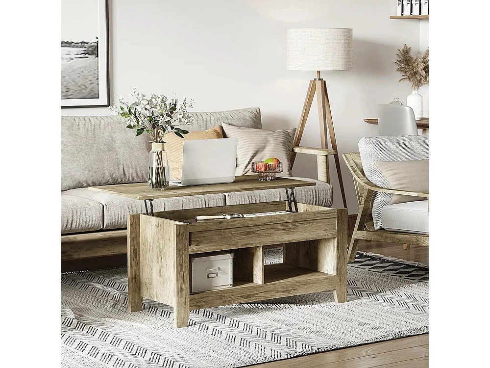 Table basse plateau relevable, table de salon avec étagères et compartiment caché,105 x 50 x 49-62,5 cm pour salon, chambre, bois chêne