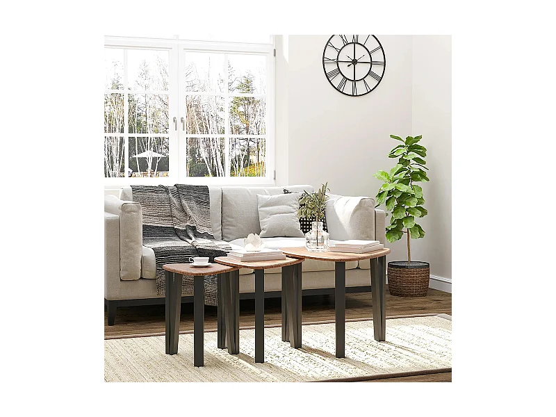 Ensemble de table basse encastrable 3 pièces, pieds métalliques noirs, design en forme de coin, plateau en bois de noyer.