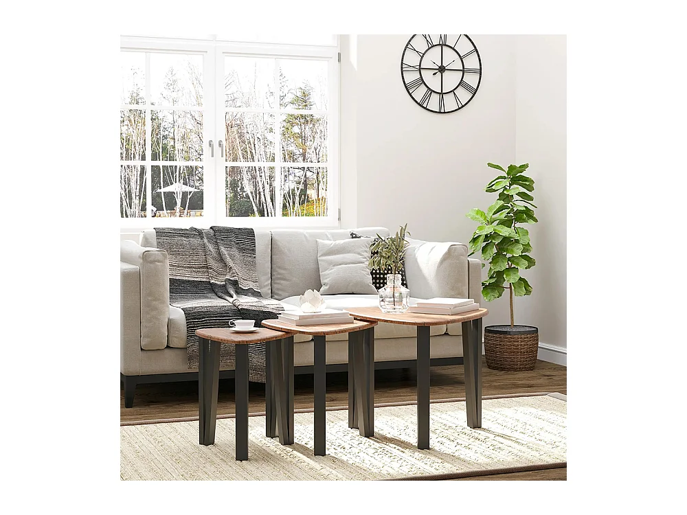 Ensemble de table basse encastrable 3 pièces, pieds métalliques noirs, design en forme de coin, plateau en bois de noyer.