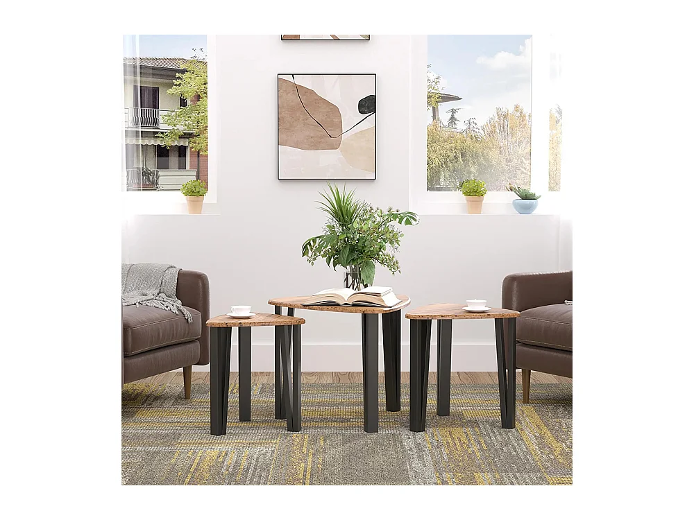 Ensemble de table basse encastrable 3 pièces, pieds métalliques noirs, design en forme de coin, plateau en bois de noyer.