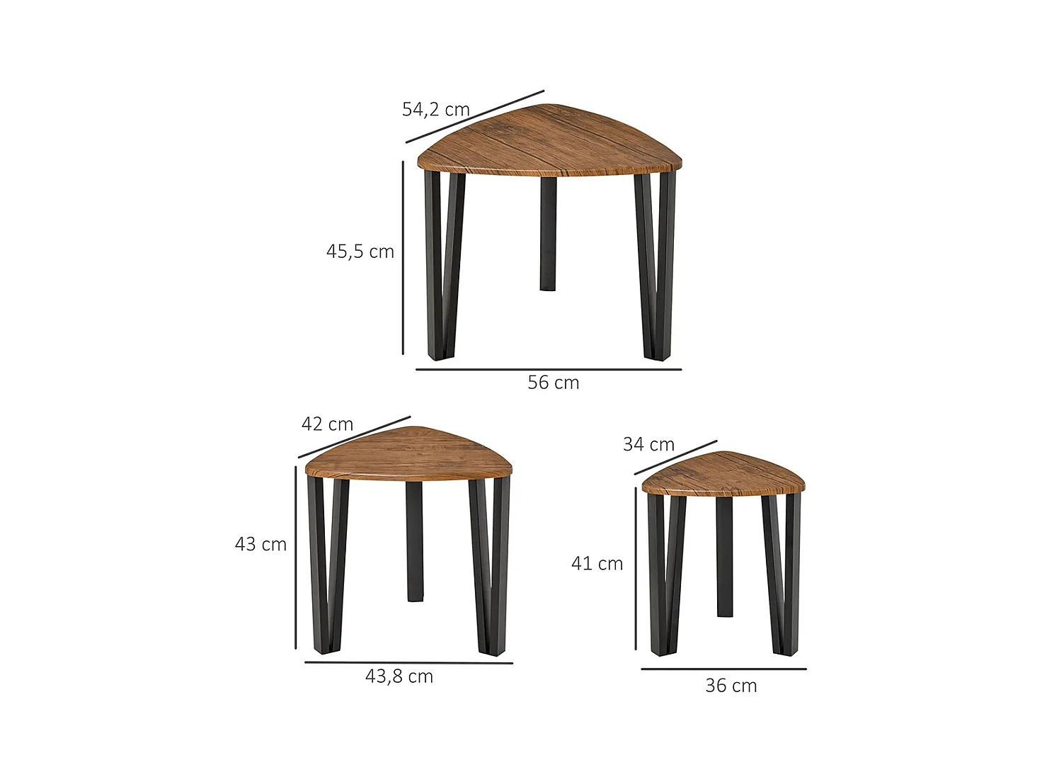 Ensemble de table basse encastrable 3 pièces, pieds métalliques noirs, design en forme de coin, plateau en bois de noyer.